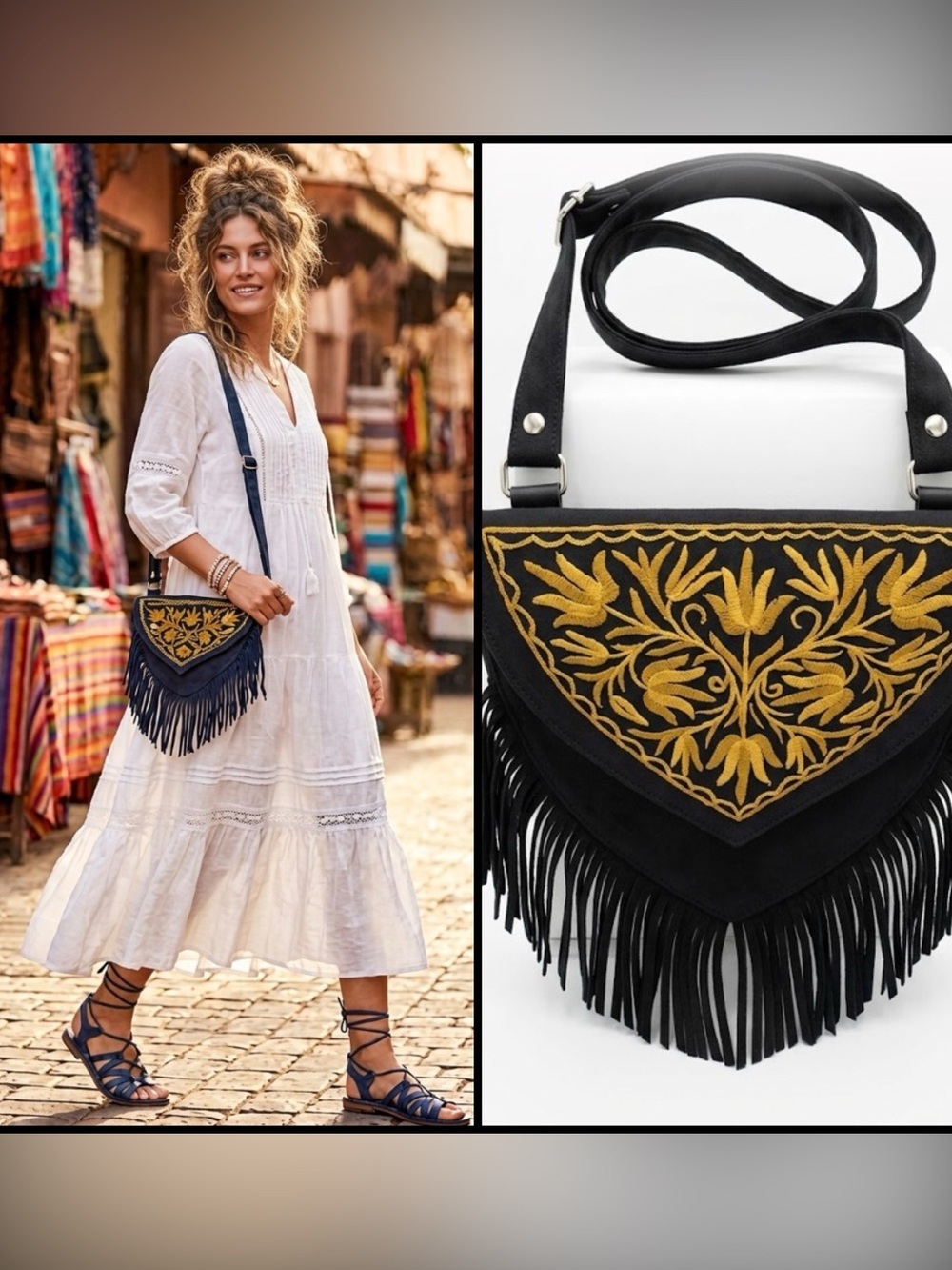Pepe Jeans London Boho Navy Fringe Western Suede Embroidered Crossbody Sling Bag